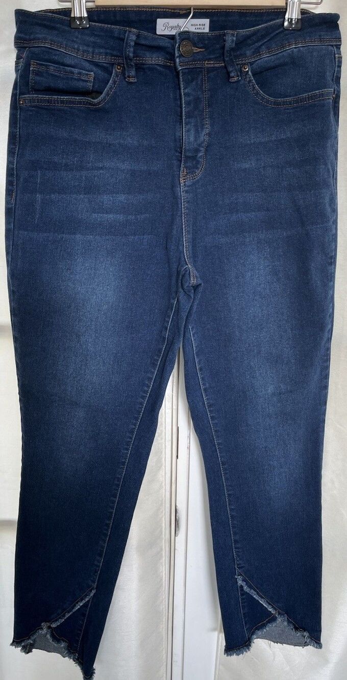 Royalty High Rise Ankle Womens Jeans 12 Dark Wash Blue Cotton Raw Angled Hem